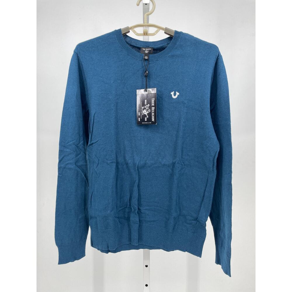 True Religion Mens Horseshoe Sweater M Poseidon Blue Crew Neck Pullover 105066